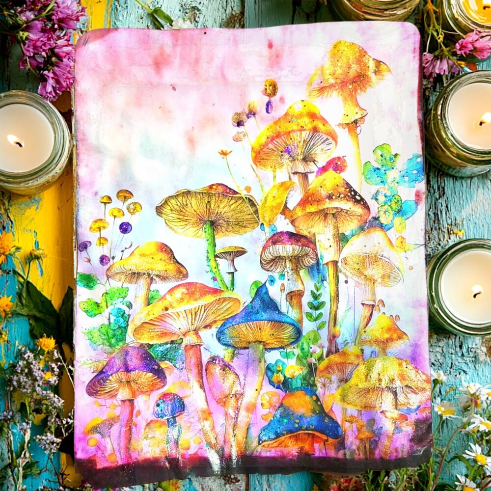 Rainbow Mushrooms and Blooms Mixed Media Original Art Collage Whimsical Art
